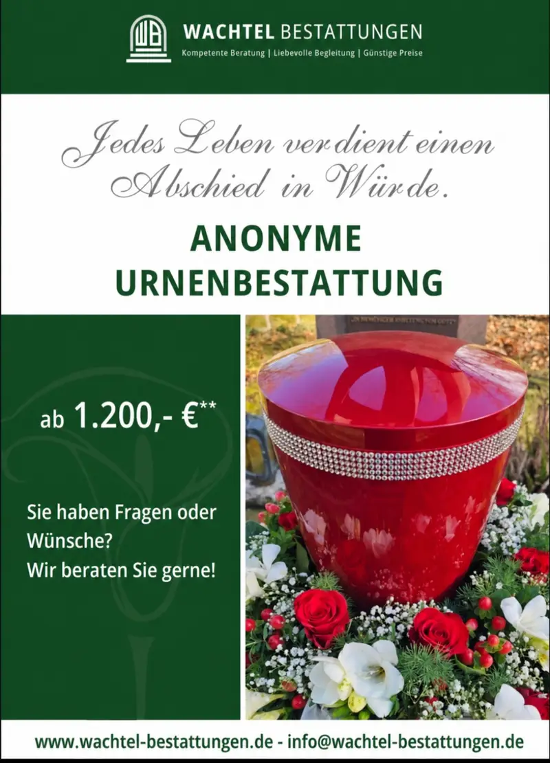 Werbeanzeige mit ernstem Text, gruenem Design und roter Urne mit Rosenkranz