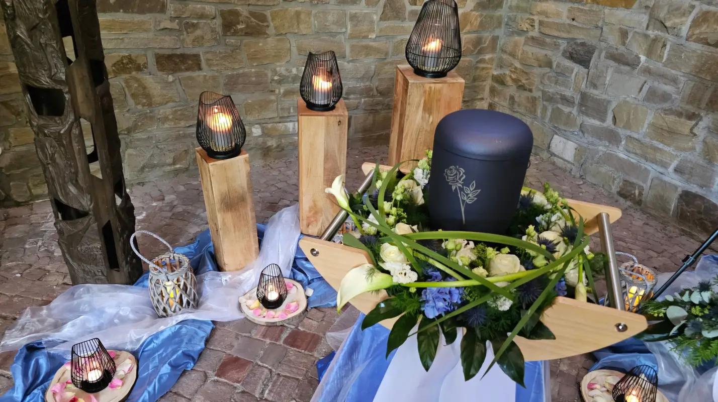 Schwarze Urne mit weißem Motiv, umgeben von Blumen und Kerzen, ruhig