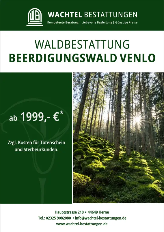 Grüne Anzeige mit Waldmotiv, ruhige Stimmung, Bestattungsangebot ab 1999 Euro