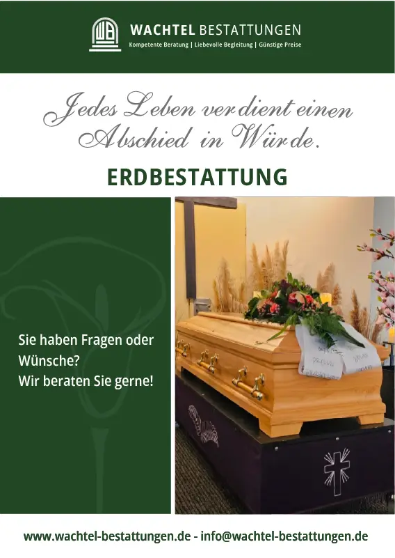 Holzsarg mit Blumenstrauß, würdevoll in Grün Weißer Anzeige mit Text