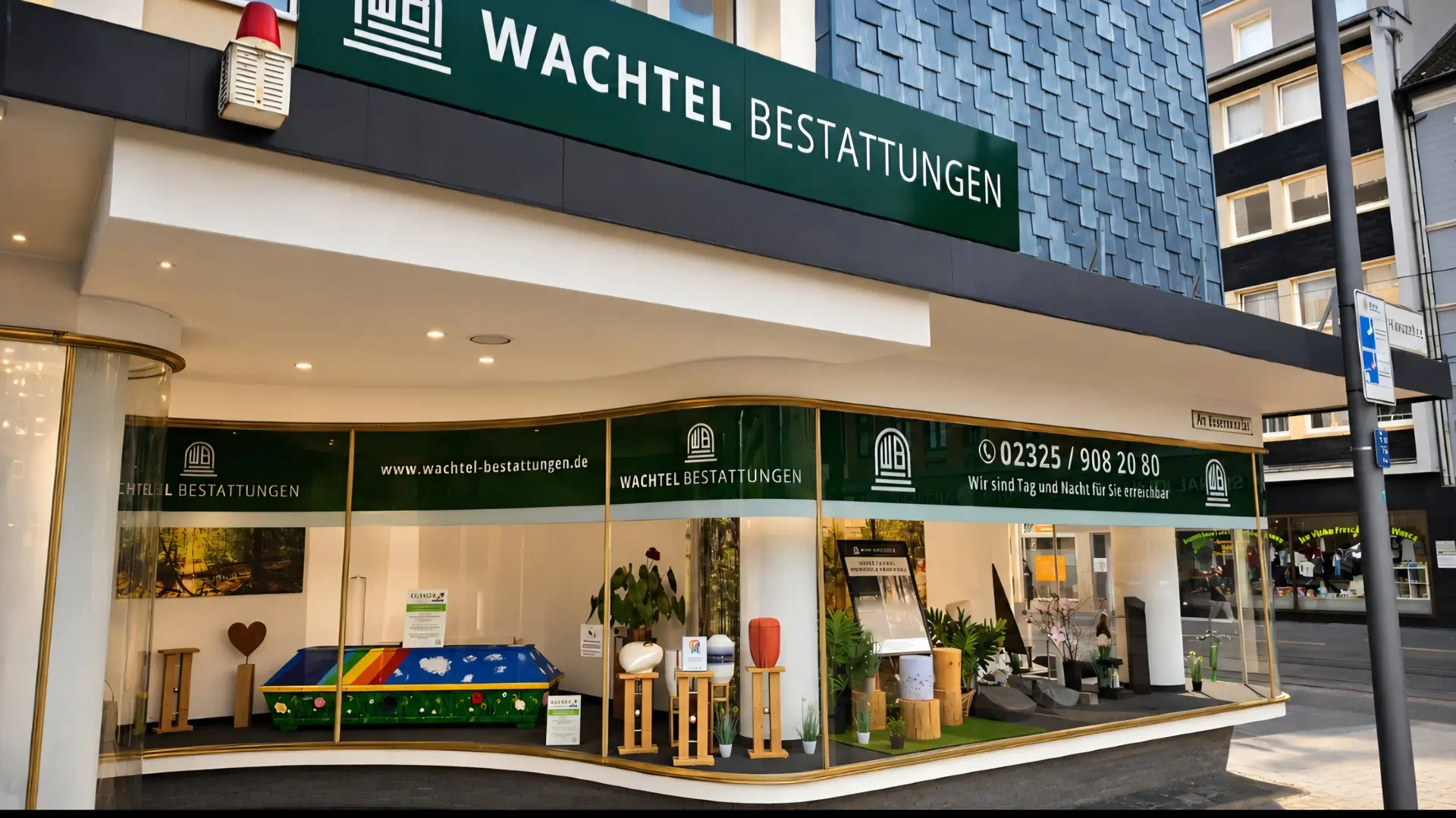 Traurig wirkendes Bestattungsinstitut in Gruen mit grossen Fenstern und Sarg