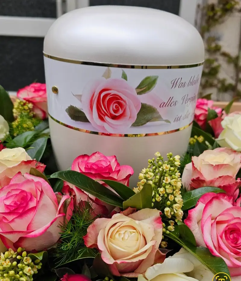 Weisse Urne mit Rosenmotiv und Schriftzug umgeben von rosa Rosenblüten und grünem Beiwerk